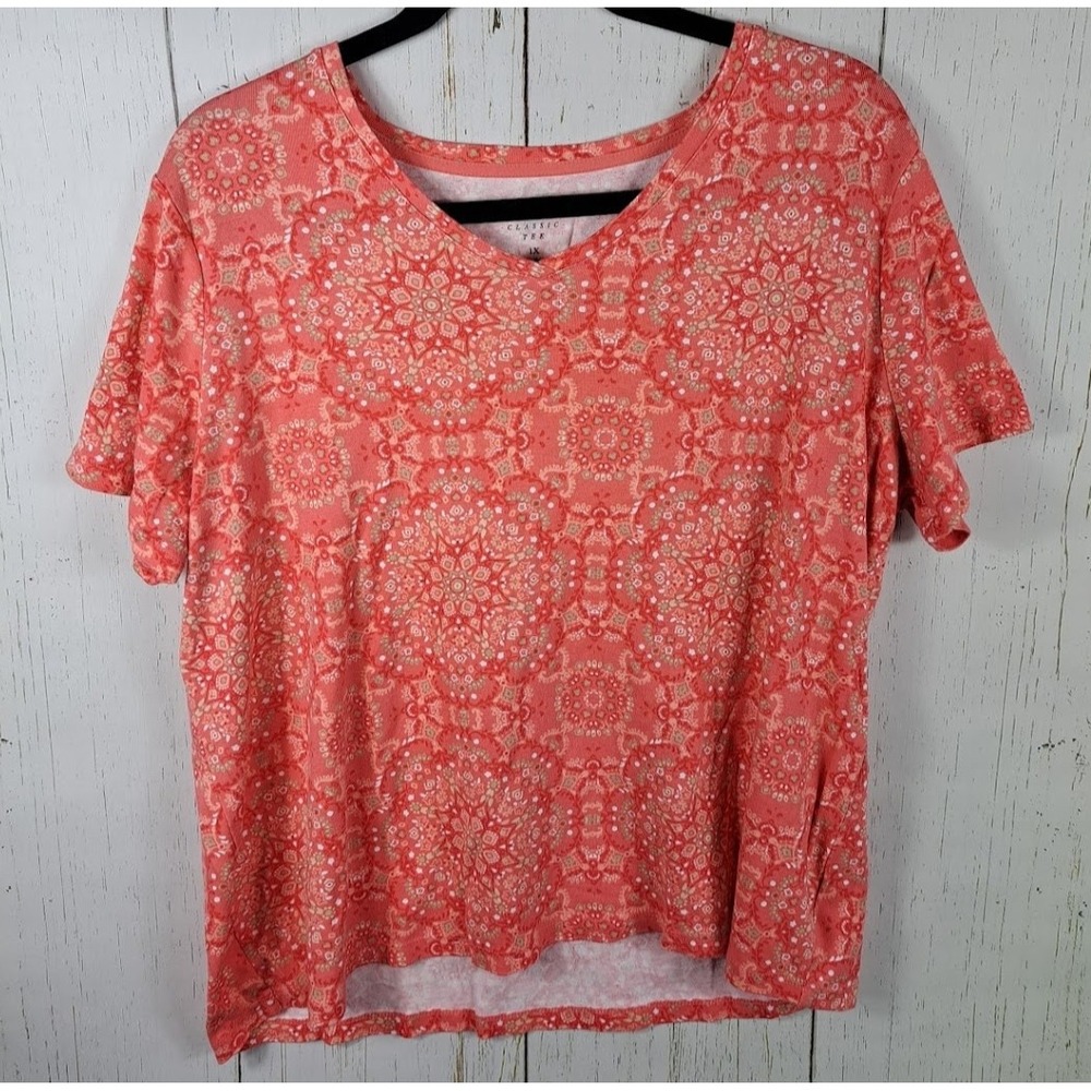 Croft Barrow Plus Size 1X Womens Orange Red Print Short Sleeve Classic Tee